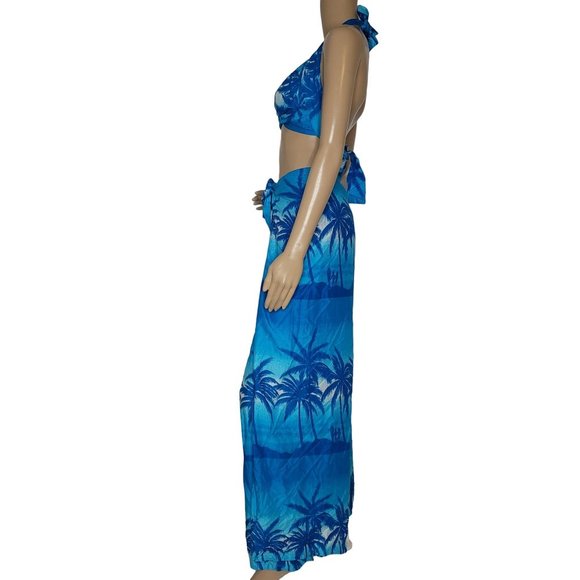 in gear Hawaiian blue palm tree one size outfit bikini top with tie pants. - Picture 4 of 10